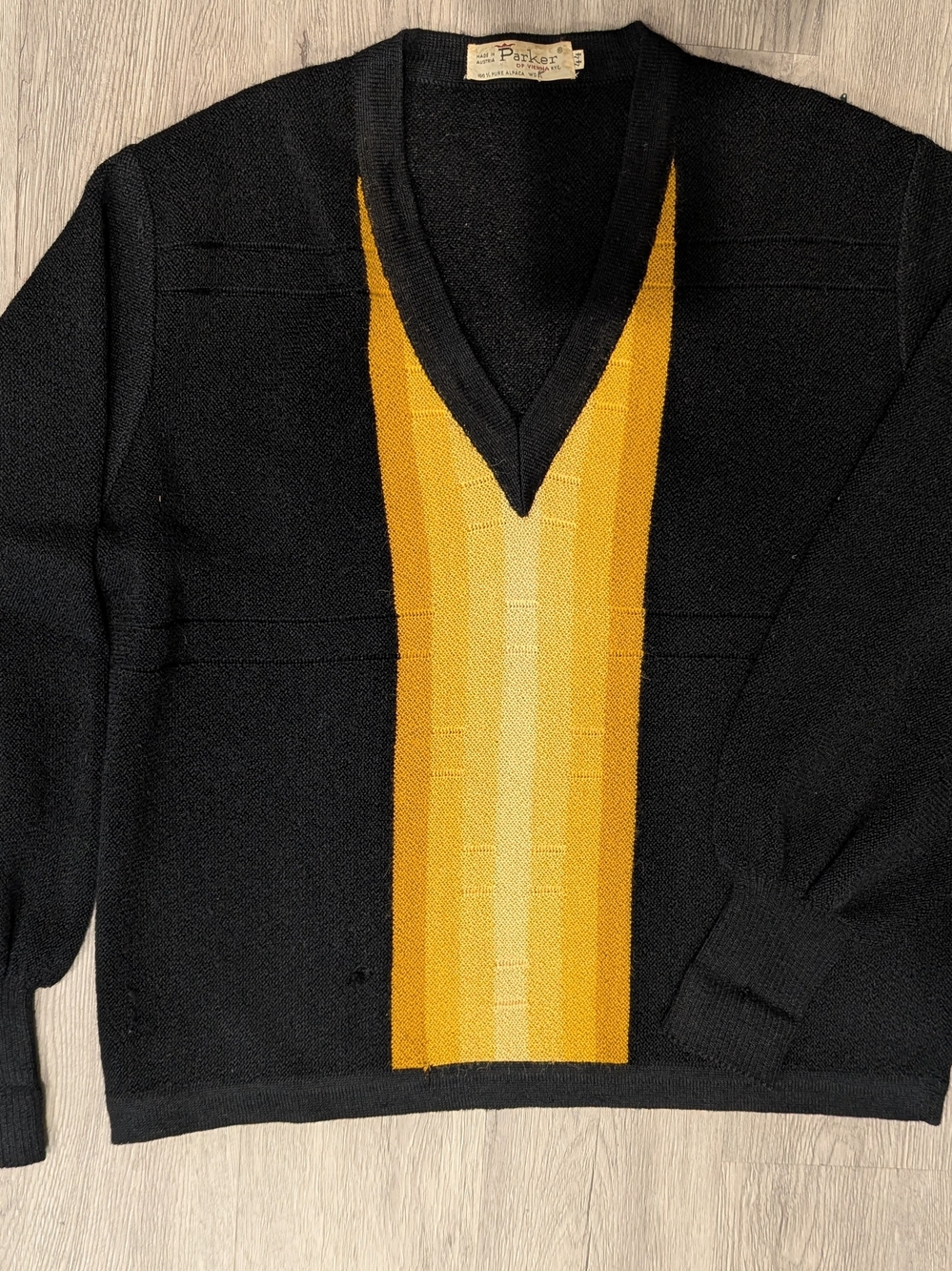 Rare Vintage Parker Black V-Neck Sweater with Golden Yellow Center Stripe